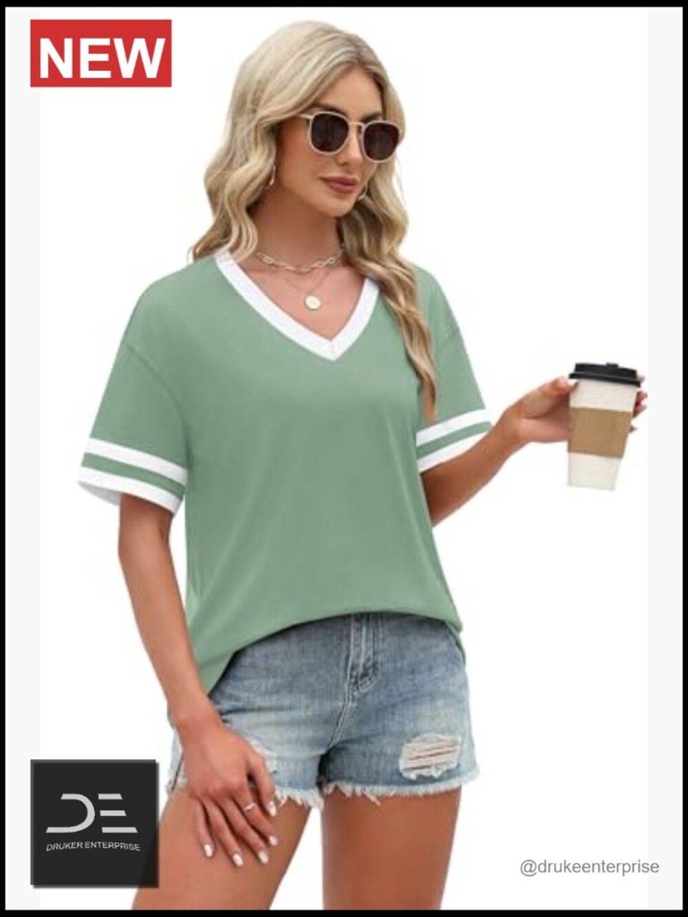 Loose Fit Short Sleeve V-Neck T-Shirt Color Block Summer Top S-4XL - Picture 4 of 7
